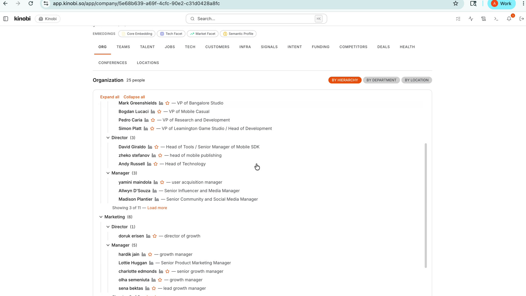 Kinobi app showing Kwalee company profile with people and technology data